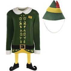 a green and yellow christmas outfit with a hat