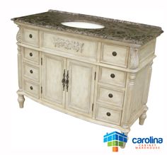 a bathroom vanity with granite top and white cabinetry on the bottom, against a white background