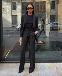 Professional Blazer Outfits, Women Suit Outfits Business Formal, Luxury Black Career Blazer, All Black Corporate Outfit, Luxury Black Suits For Office Wear, Black Formal Pants Outfit, Chic Black Office Suits, Black Blazer Outfit Elegant, Black Suit For Women Lawyer