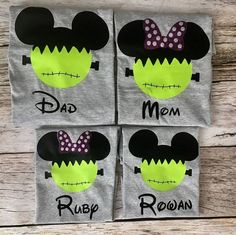 three mickey mouse t - shirts with the words dad, mom and baby on them