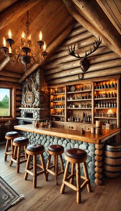 a rustic bar with stools and bottles on the shelves