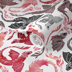 red and black watercolor dragon pattern on white background