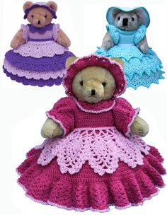 three teddy bears dressed in crochet clothes and hats, one wearing a dress