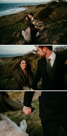 the bride and groom are holding hands while walking down the hill by the ocean in their wedding attire