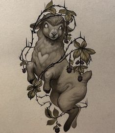 a drawing of a sheep with vines and berries on it's back, in the air