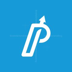 the letter p with an arrow pointing to it's left side on a blue background