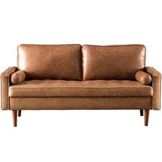 a brown leather couch sitting on top of a wooden frame