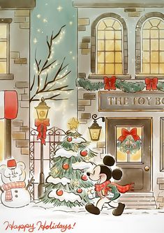 a mickey mouse christmas card with a snowman in front of a building and a tree