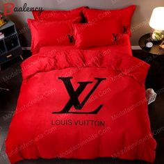 the louis vuitton bedding set is red and has black letters on it