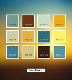 the color palette is different shades of blue, yellow and brown with white squares on them