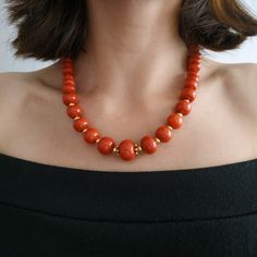 < One strand coral necklace with golden color furniture > This product made according to the model of authentic traditional Ukrainian jewelry. The coral is modern, the design is vintage. Like 99% of the coral on the market these days, this coral has been dyed. I use bamboo coral which is not endangered or threatened in any way, unlike natural pink or red coral (the production of which is forbidden almost everywhere in the world). Bamboo coral doesn't mean it's not organic. Every bead of it Coral Necklaces, Coral Choker, Ukrainian Jewelry, Red Coral Jewellery, Short Necklaces, Red Coral Necklace, Coral Beads Necklace, Bamboo Coral, Beautiful Gold Necklaces