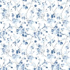 a blue and white floral wallpaper with small flowers on the bottom half of it