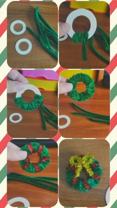 the instructions to make a christmas wreath out of yarn and plastic beads are shown in four different pictures