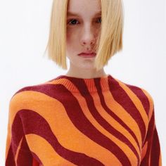 Jacquard Striped Knit Sweater With Round Neck. S: Armpit To Armpit 20”, Length 19” L: Armpit To Armpit 22”, Length 19” Orange Textured Knit Sweater For Winter, Orange Textured Knit Crew Neck Sweater, Orange Oversized Sweater, Zara Lace Top, Batwing Sweater, Striped Knit Sweater, Yarn Sweater, Sweater Layering, Orange Sweaters