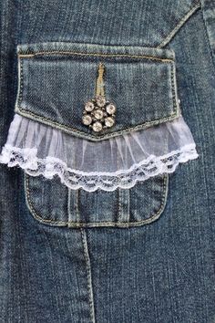 a pocket with lace and buttons in the back pocket, on top of some jeans