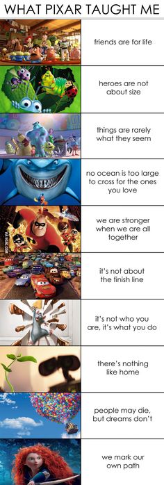 the pixar movie poster is shown in four different languages, including one for each character