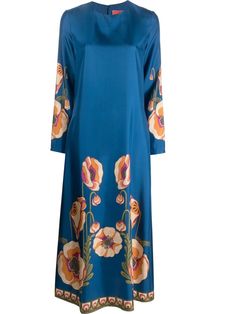 floral-print long-sleeved dress from La DoubleJ featuring floral print, round neck, long sleeves, flared, straight hem, blue and silk. Silk Print Dress, Sleeved Dress, Vestido Casual, Silk Twill, Long Sleeve Maxi, Blue Silk, Long Sleeve Maxi Dress, Dress Blue, Swing Dress