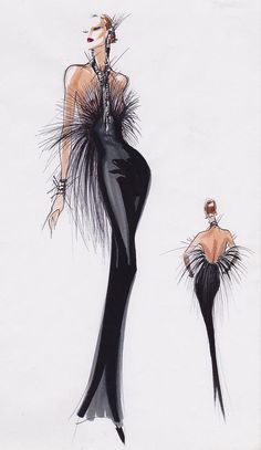 a drawing of a woman in black dress with feathers