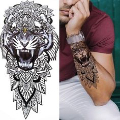 a man with a tattoo on his arm next to an image of a tiger's head