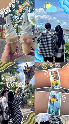 the collage shows two people holding ice cream cones and an animal on their arm