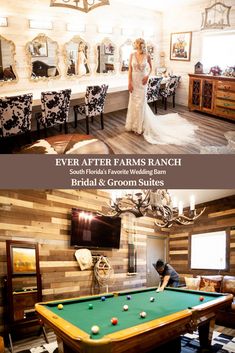 the bride and groom are getting ready to play pool in their wedding reception room at ever after farms ranch