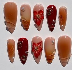 Greetings and welcome to my store. Hope you find a style you like. I only work with high-quality materials to create sturdy & long-lasting luxury press on nails that you can trust on. My nails will last for: 1- 2 days using adhesive tab (provided with the nail set) 2- 3 weeks using nail glue. You can reuse all of the nails multiple times if you take  💮 𝐒𝐢𝐳𝐞: Please follow the instruction size measurement. You can customize all the size you want ,please send your size or style all you want , Autumn Press On Nails, Earth Tone Almond Nails, Fall 3d Nail Art, Maroon And Brown Nails, 3d Nail Designs Fall, Pretty Fall Nail Designs, Fall Nails With Charms, Brown And Orange Nails Fall, 3d Fall Nails