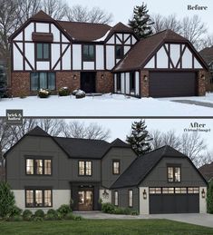 before and after photos of a house in the winter, with snow on the ground