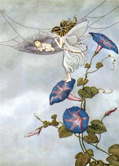 an illustration of a fairy flying on top of a flower with blue umbrellas attached to it