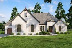 a rendering of a white brick house in the middle of a green field with trees