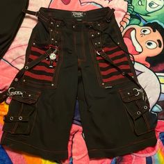 FOR TRADE- Tripp Nyc Black and Red Cargos with Charm (DNB) Trip Nyc Pants Outfit, Tripp Nyc Shorts, Tripp Pants Diy, Trip Nyc Pants, Tripp Pants Outfit, Tripp Nyc Outfit, Masc Shorts, Red Cargos, Camo Cargos