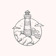 a black and white drawing of a lighthouse