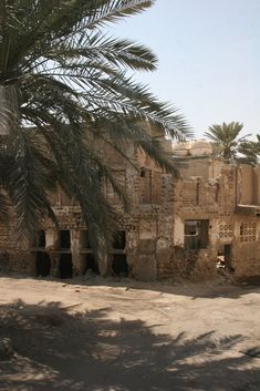 an old building with palm trees in the foreground