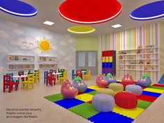 the children's playroom is brightly colored and has lots of toys in it