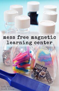 the words mess free magnetic learning center are in front of several bottles with magnets on them