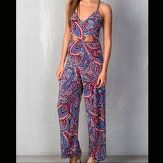 Front Cutout At Waist Cross Cross Back Sleeveless Rayon Bust: (S) 34”, (M), 36”, (L) 38’ Inseam: 31” Casual Summer Paisley Print Jumpsuits And Rompers, Casual Paisley Print Jumpsuits And Rompers For Summer, Casual Paisley Print Jumpsuit For Summer, Casual Paisley Print Jumpsuits And Rompers For Spring, Casual Spring Jumpsuits And Rompers With Paisley Print, Boho Paisley, Print Jumpsuit, Sans Souci, Printed Jumpsuit