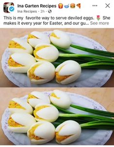 two pictures of eggs on a plate with green onions in the middle and one has been sliced