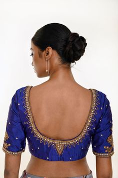 Expertly handcrafted with pure silk, this Royal Blue Pure Silk Hand Embroidered Blouse exudes elegance and sophistication. Its intricate hand embroidery work adds a touch of luxury, making it perfect for any formal occasion. Elevate your outfit with this timeless and exquisite piece. Blue Silk Blouse, Baluchari Saree, Hand Embroidered Blouse, Hand Embroidery Work, Saree Blouse Styles, Silver Blouse, Sequin Saree, Orange Saree, Net Blouses