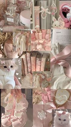 a collage of pink and white items