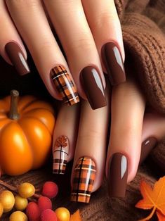 orange and plaid nails, . Fall themed nail art Inspirational Nails, Plaid Nail Designs, November Nail Designs, Nagel Stamping, November Nails, Fall Nail Trends, Fall Gel Nails