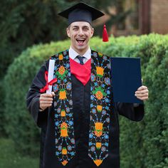 Be unique, expressive and stylish with this eye-catching vibrant custom graduation stole. • Material: 100% polyester, satin finish.• can be customized with your name, school name and your photos.• An ideal gift for anyone who will be graduating.• Size: 71.6 inch in total. Academic Graduation Stole, Customizable Graduation Stole For School, Customizable Black Graduation Accessories, Winter Dance, Graduation Stole, Handmade Belts, Floral Damask, Orange Shirt, Baby Boots