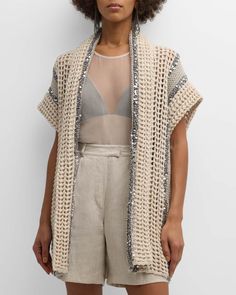 Get free shipping on Brunello Cucinelli Open-Knit Long Net Cardigan with Paillette Detail at Neiman Marcus. Shop the latest luxury fashions from top designers. Cardigan Office Outfit, Net Cardigan, Crochet Jacket Pattern, Crochet Jacket, Jacket Pattern, Knitted Cardigan, Open Knit, Knit Fashion, Crochet Cardigan