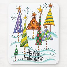 a happy holidays card with trees and stars on the top, in front of snow covered ground