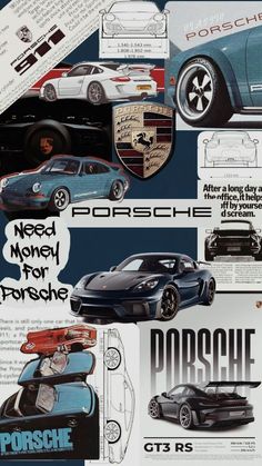 an advertisement for porsche cars with different types of logos on it's back side