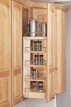 a kitchen cabinet with spice racks in the bottom and pull out shelves on both sides