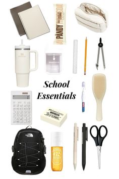 the back to school essentials are arranged on a white background with text overlay