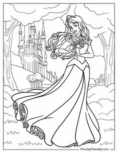 the princess from sleeping beauty coloring page for adults and children, with castle in background