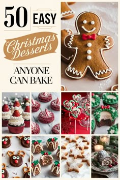 Cover of 50 Easy Christmas Desserts: Gingerbread Cookies, Cupcakes, and Holiday Treats Anyone Can Bake
This festive cover from the article "50  It includes a gingerbread man cookie, strawberry Santa cupcakes, red velvet cookies with candy cane kisses, Christmas cake pops, and wreath cupcakes. Also featured are chocolate-dipped reindeer cookies, mini holiday bundt cakes, powdered star cookies, and a yule log cake. Easy Christmas dessert recipes, cookies, and sweets. Easy Holiday Sweet Treats, Non Cookie Christmas Treats, Christmas No Bake Recipes, Christmas Desserts Easy Party, Christmas Dessert Easy Quick, Super Easy Christmas Desserts, Christmas Treats To Bake, Christmas Cookies For A Crowd, Quick And Easy Christmas Cookies