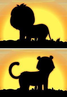 two silhouettes of lions in front of the sun, one standing and one sitting