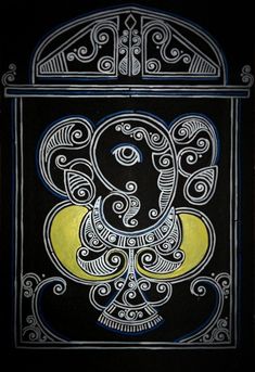 an ornate black and yellow design with swirls on the edges, in front of a dark background