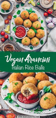 vegan aranci italian rice balls on a plate with sauces and herbs